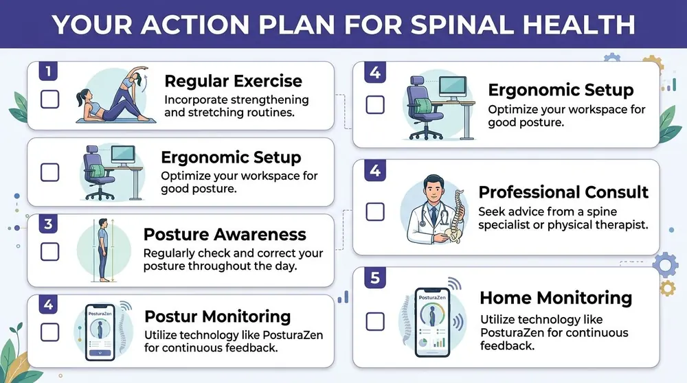 An infographic titled Your Action Plan for Spinal Health showing tips like exercise, ergonomic setups, and posture monitoring.