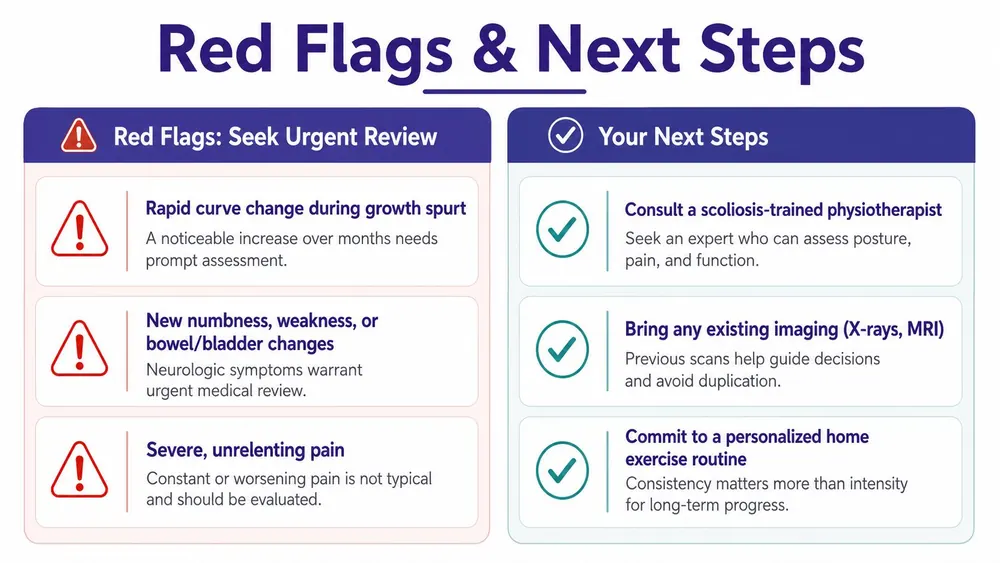 A table outlining red flags for scoliosis requiring urgent review and recommended next steps for management.