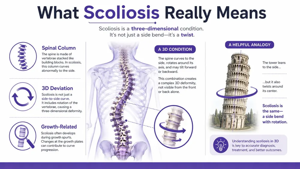 An infographic illustrating how scoliosis involves three-dimensional spinal curvature and rotation, using the Leaning Tower of Pisa analogy.