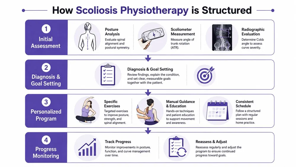 A four-step infographic illustrating the structured process of scoliosis physiotherapy, including assessment, diagnosis, personalized exercises, and progress monitoring.
