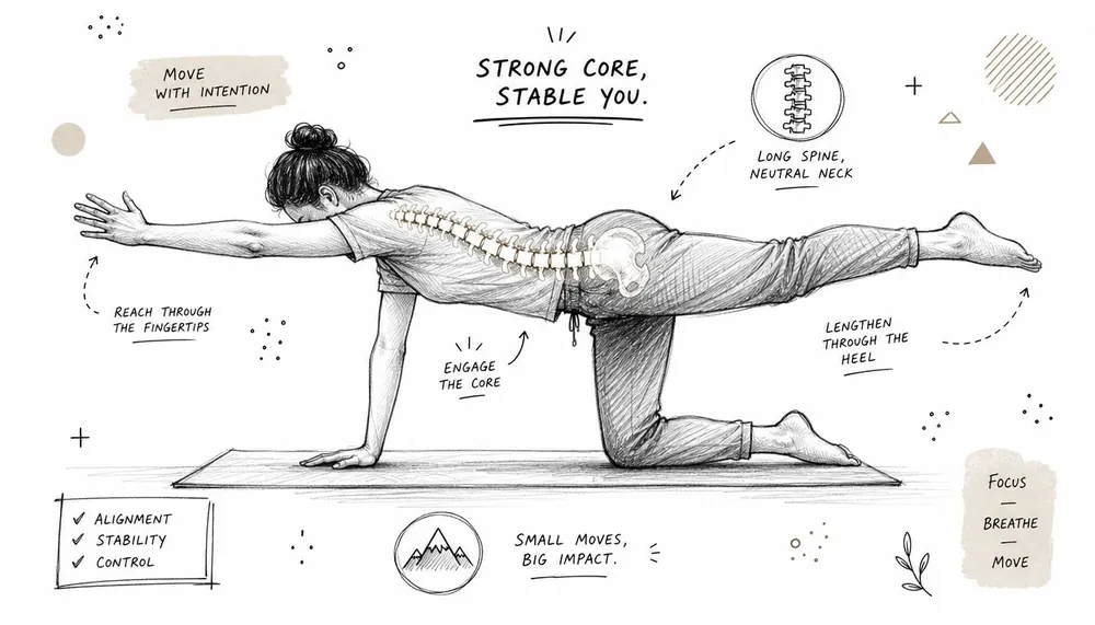 A hand-drawn illustration of a woman performing the bird-dog exercise for spine and core stability.