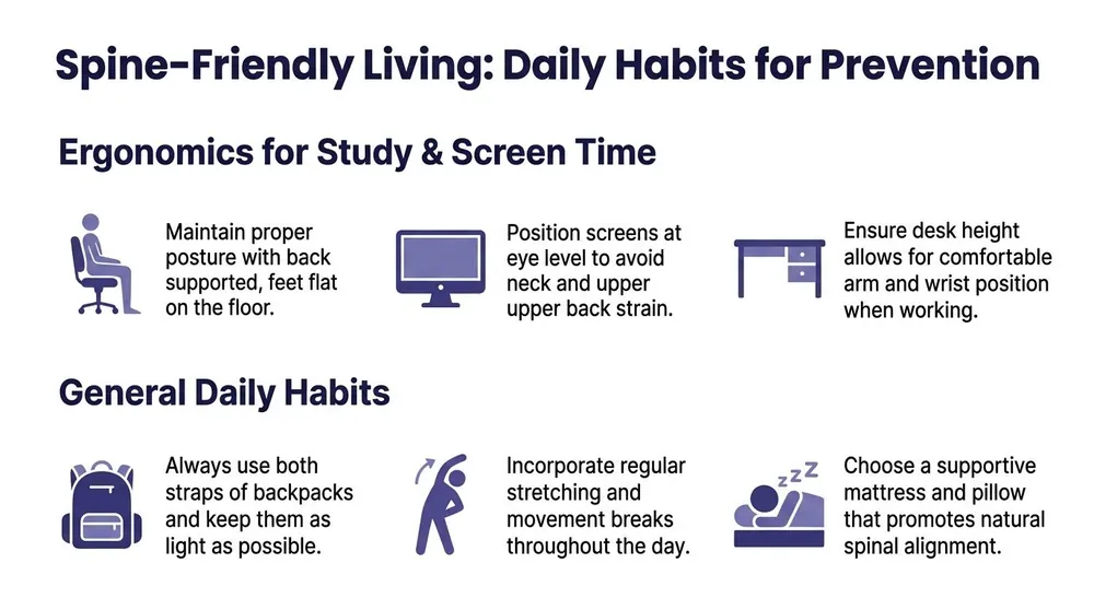 An infographic illustrating various ergonomic practices and daily habits designed to promote good spine health and prevention.