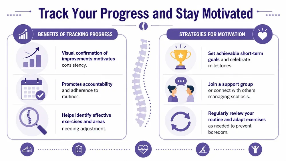 An infographic detailing strategies for tracking scoliosis progress and tips for staying motivated during treatment routines.
