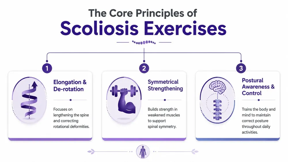 An infographic titled The Core Principles of Scoliosis Exercises illustrating three key methods for treatment and management.