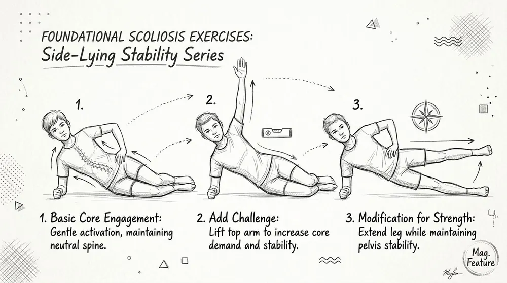 An illustration showing three steps for a side-lying scoliosis exercise to improve core stability and strength.