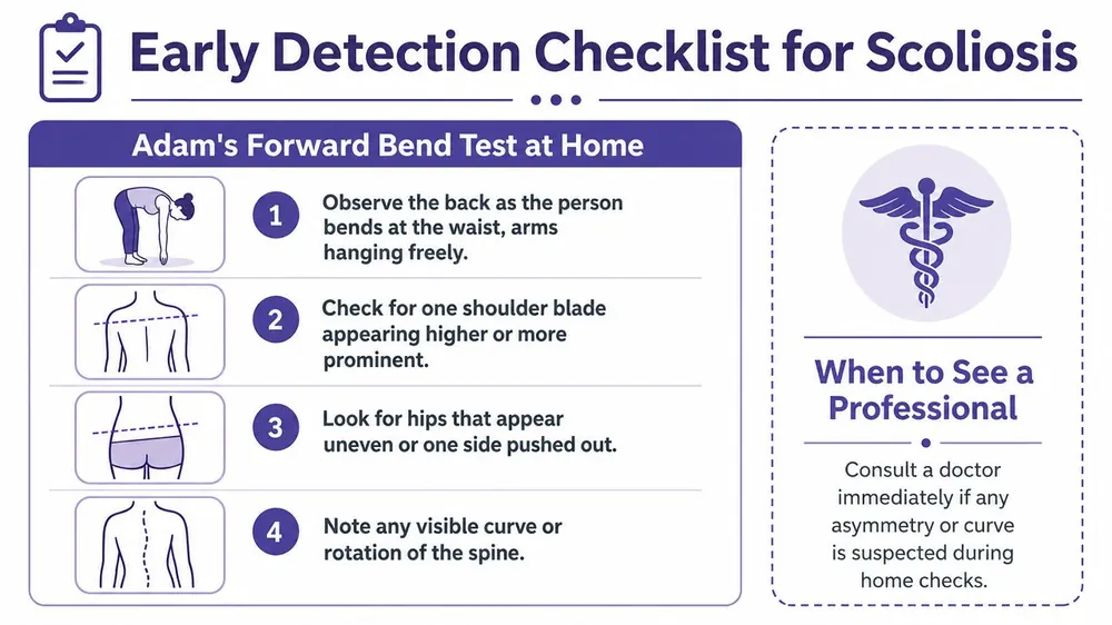An infographic detailing the four-step Adam's Forward Bend Test for early scoliosis detection at home.