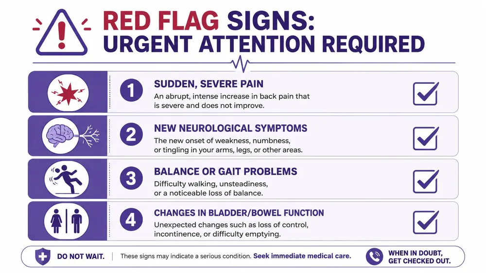 An infographic showing four red flag symptoms of spinal conditions that require urgent medical attention and care.