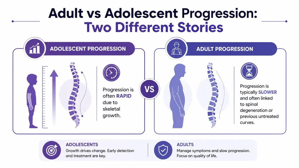 A comparative infographic illustrating the different progression rates of scoliosis in adolescents versus adults.