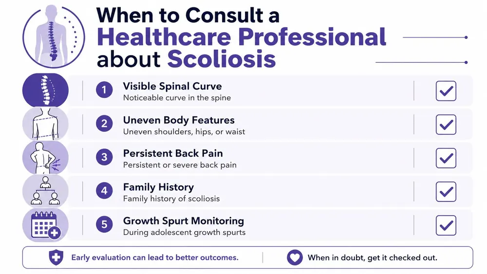 An infographic detailing five key indicators that warrant a consultation with a healthcare professional regarding scoliosis.
