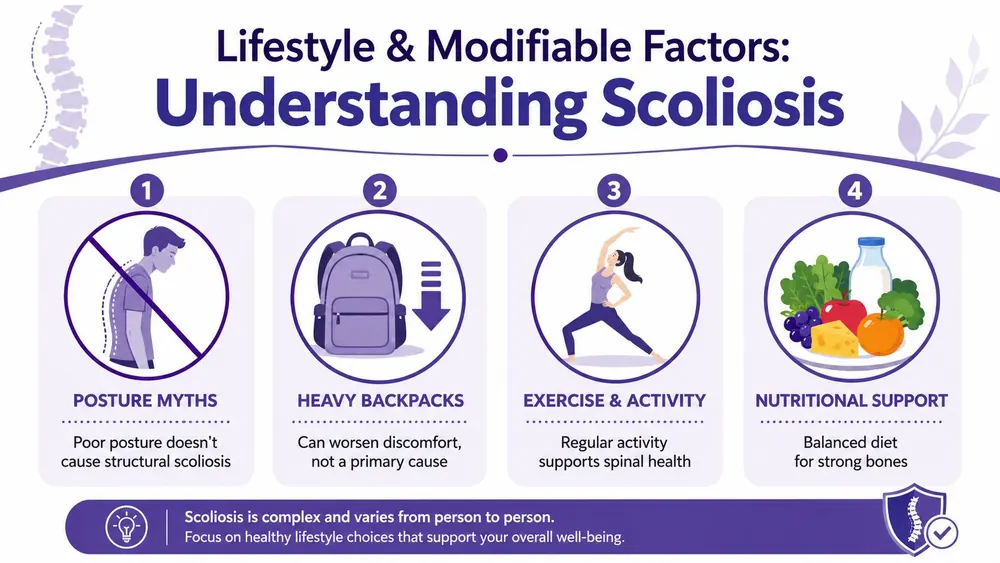 An infographic titled Understanding Scoliosis, illustrating four lifestyle factors: posture, backpacks, exercise, and nutritional support.