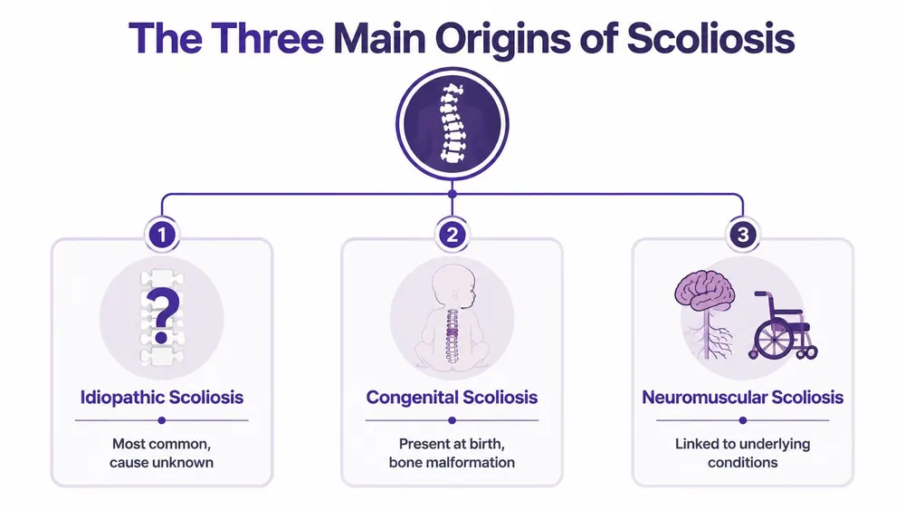 A diagram illustrating the three main origins of scoliosis: idiopathic, congenital, and neuromuscular, shown with icons.