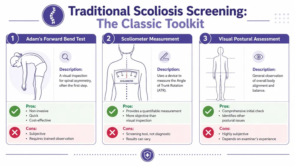 An infographic detailing three traditional scoliosis screening methods including forward bend tests, scoliometer measurements, and visual postural assessments.