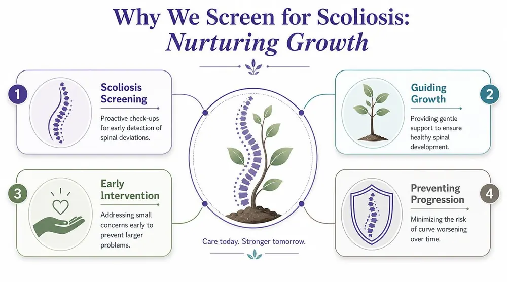 An infographic titled Why We Screen for Scoliosis illustrating the importance of early detection and care.