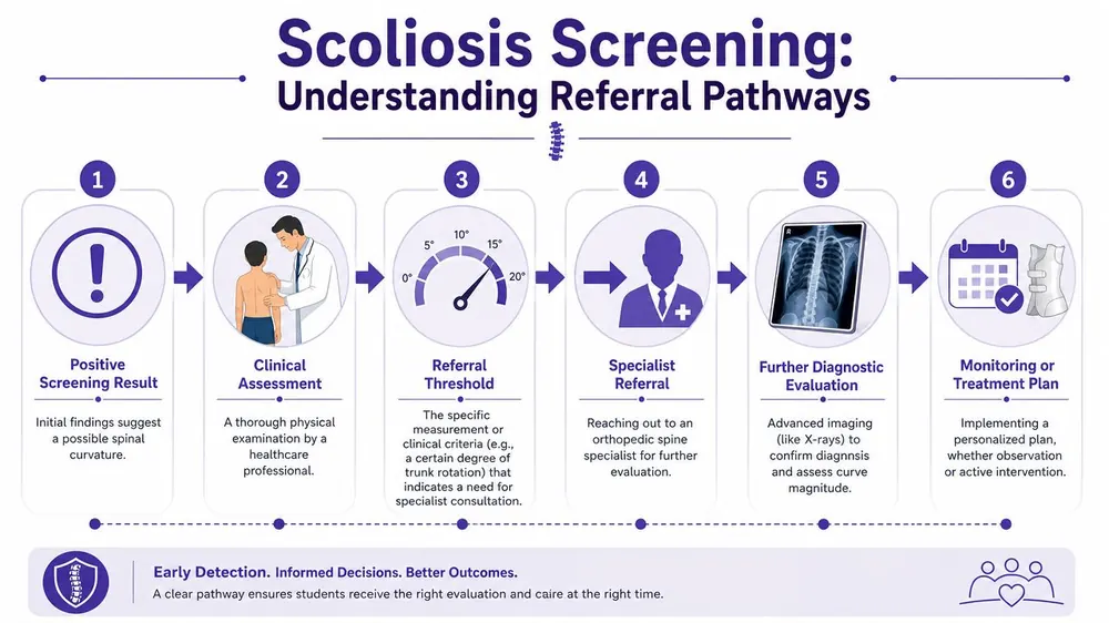 A six-step infographic illustrating the clinical referral pathway for students following a positive scoliosis screening result.