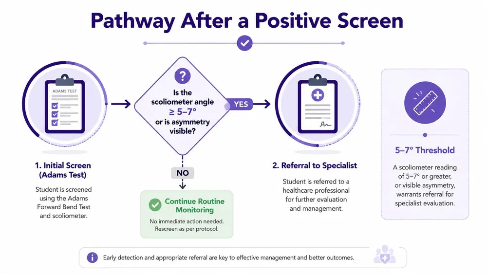 A flow chart illustrating the scoliosis screening process from the initial Adams test to specialist referral.