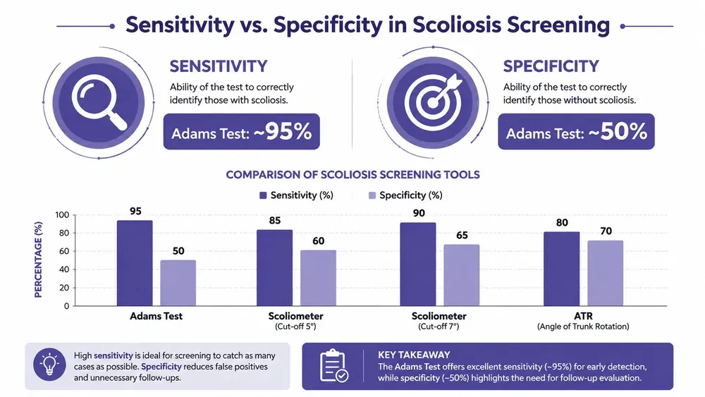 A comparison chart showing sensitivity and specificity percentages for various scoliosis screening tools including Adams test and scoliometer.