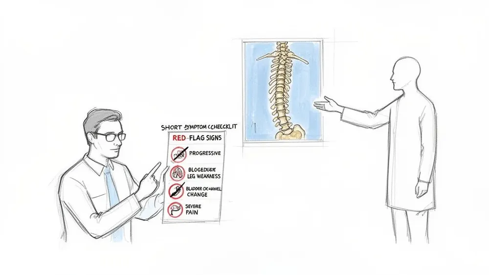 Two doctors discuss a red-flag symptom checklist for spinal conditions, with a human spine diagram.