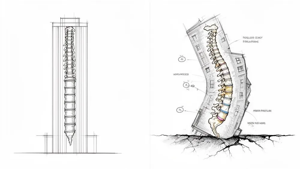 Architectural and anatomical drawings illustrating the impact of scoliosis on body and structure.