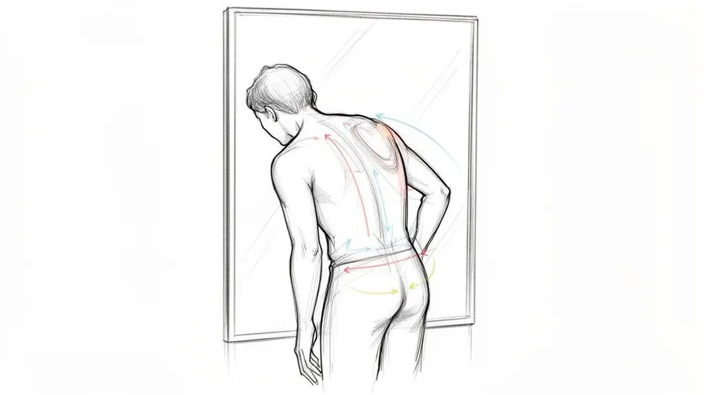 A person's bare back with colored arrows demonstrating spinal curvature, looking into a mirror, illustrating scoliosis.
