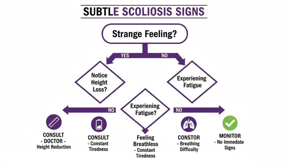 Flowchart illustrating subtle scoliosis signs, including height loss, fatigue, and breathing difficulties, with recommended actions.