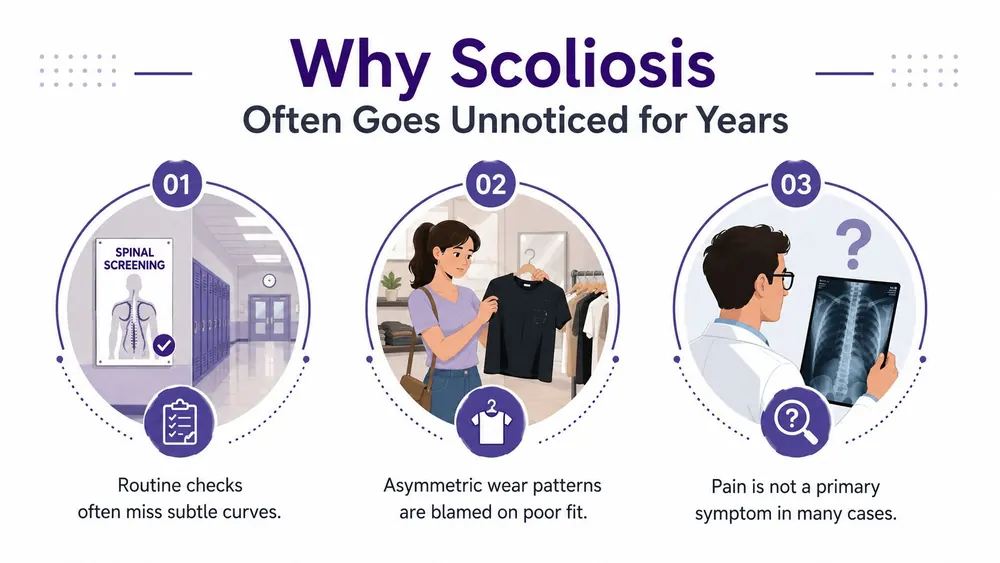 An infographic explaining three key reasons why scoliosis often goes unnoticed for years in patients.