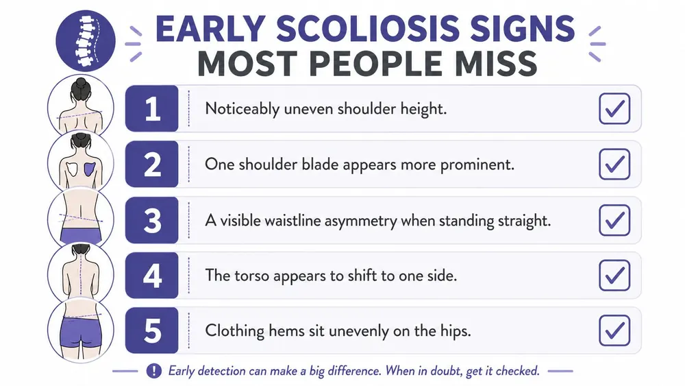 An infographic listing five visual signs of scoliosis including uneven shoulders, prominent shoulder blades, and waist asymmetry.