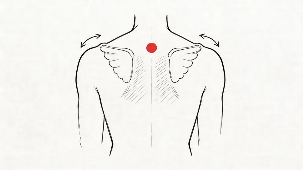 A simple line drawing of a human back showing poor posture and shoulder tension issues.