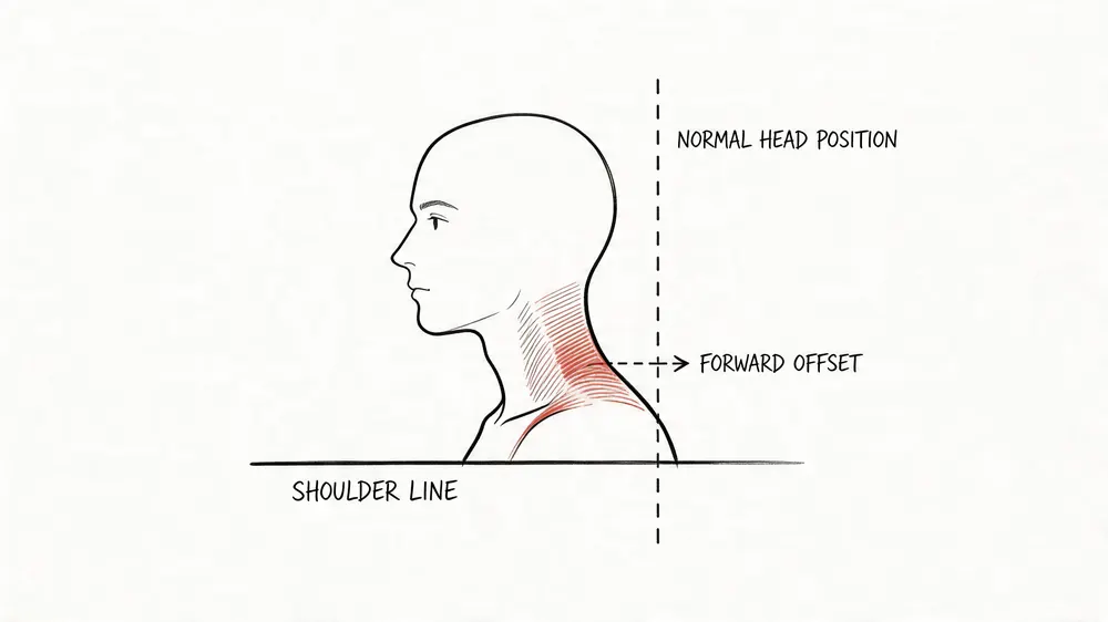 A diagram illustrating the forward head posture, highlighting the misalignment between the head and shoulder line.