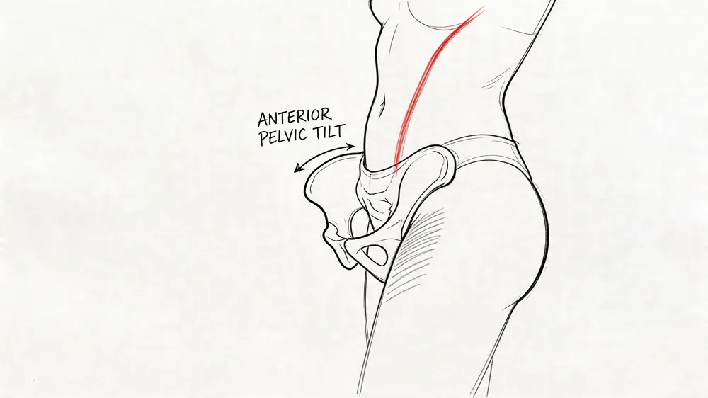 A diagram illustrating the anatomy of an anterior pelvic tilt in the human female body.