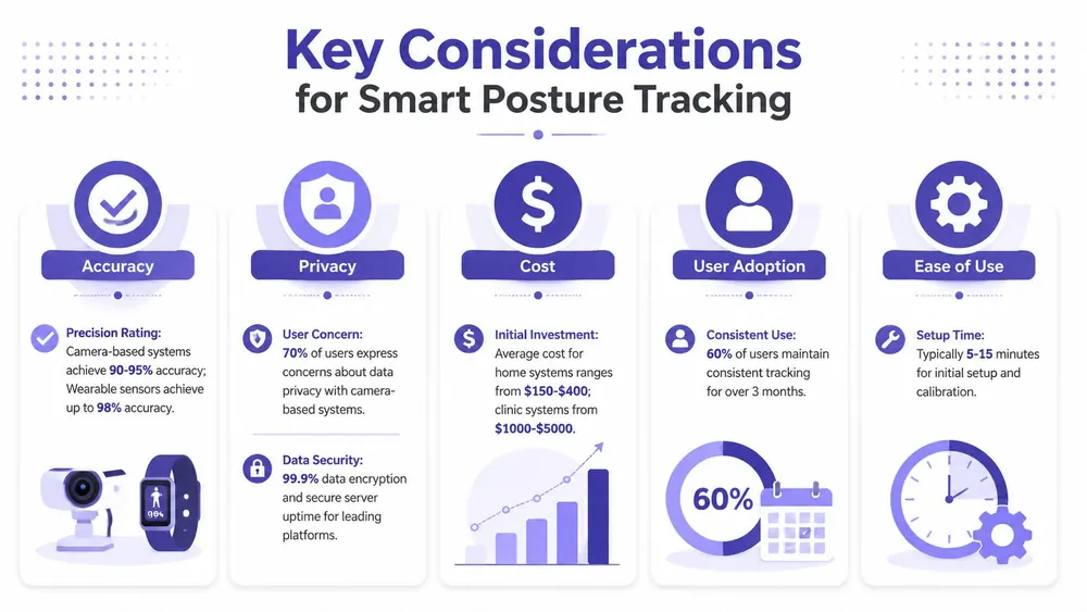 An infographic showing five key considerations for smart posture tracking including accuracy, privacy, cost, user adoption, and ease of use.