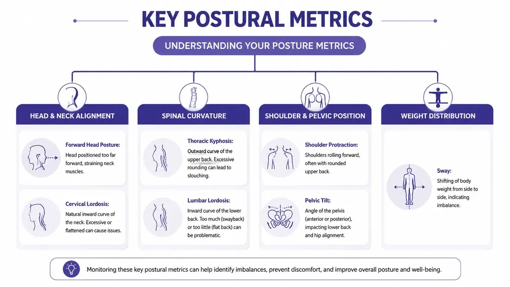 An infographic detailing key postural metrics including head alignment, spinal curvature, shoulder position, and weight distribution.