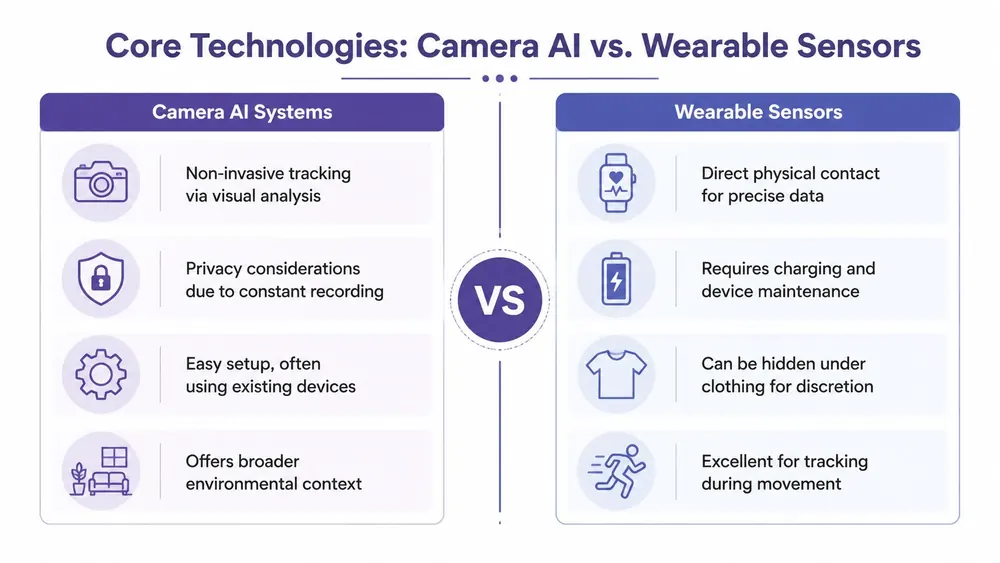 A comparison infographic between camera AI systems and wearable sensors for health and movement monitoring technologies.