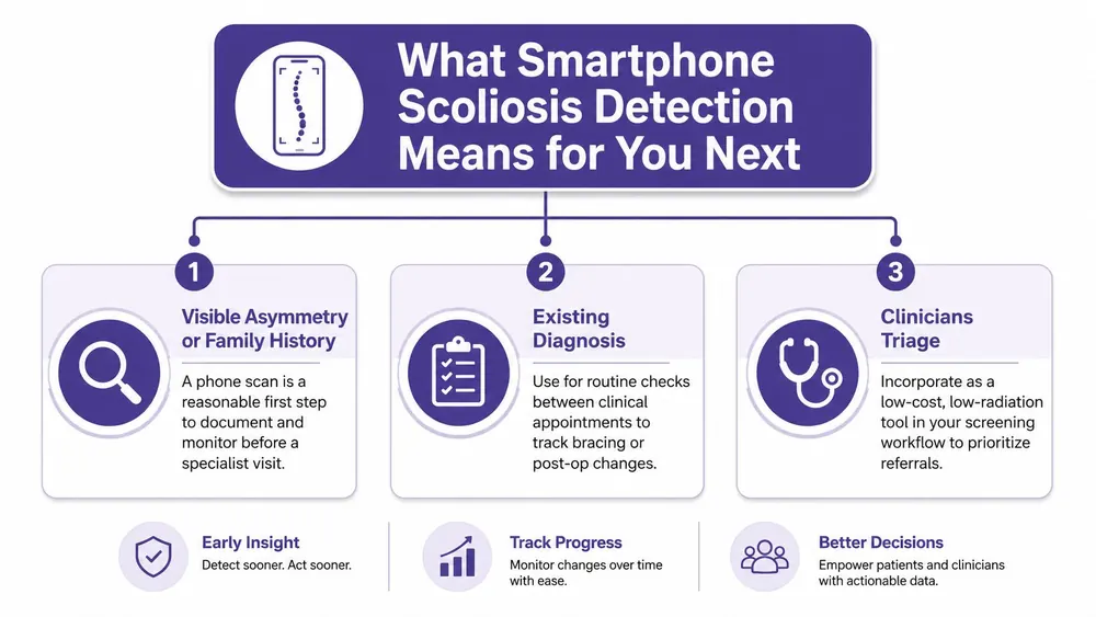 An infographic showing how smartphone scoliosis detection helps with early insight, monitoring progress, and improving clinical decision-making.