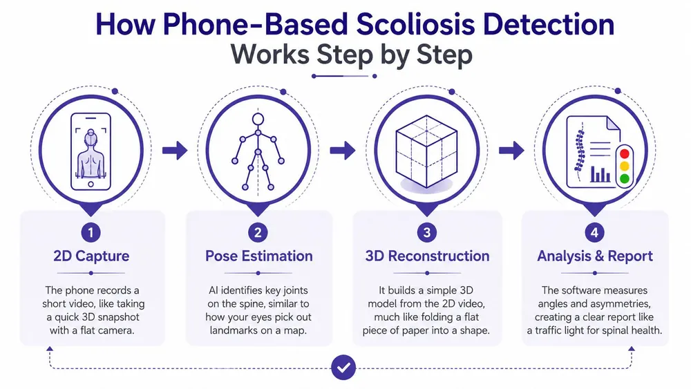 An infographic showing the four-step process of using a smartphone app for scoliosis detection and analysis.