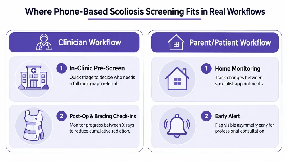 A workflow diagram showing how smartphone-based scoliosis screening integrates into both clinical and patient home settings.