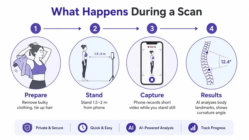A four-step infographic showing how to perform a smartphone scoliosis screening scan for postural and spinal analysis.