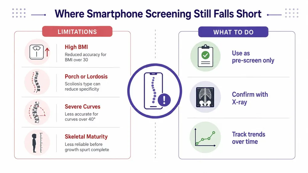 An infographic detailing limitations of smartphone apps for scoliosis screening and recommended follow-up actions for patients.