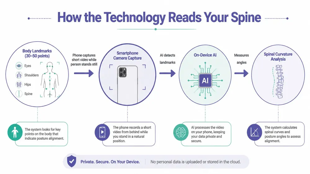 A process flow chart illustrating how smartphone technology uses AI to analyze spinal curvature and posture alignment.