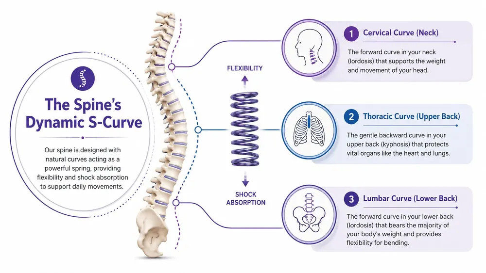 A diagram illustrating the natural S-curve of the human spine, highlighting cervical, thoracic, and lumbar regions.