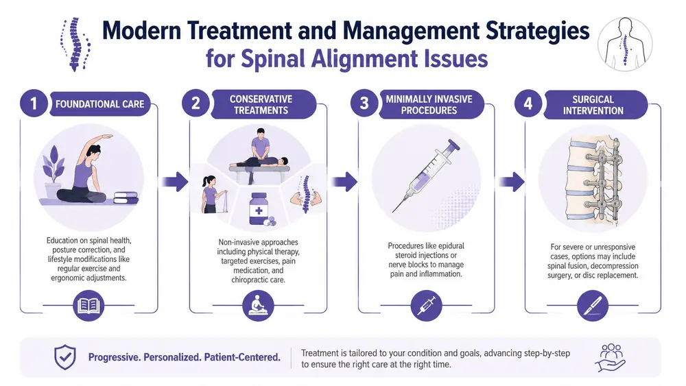 A four-step infographic illustrating a progressive treatment plan for managing various spinal alignment and back health issues.