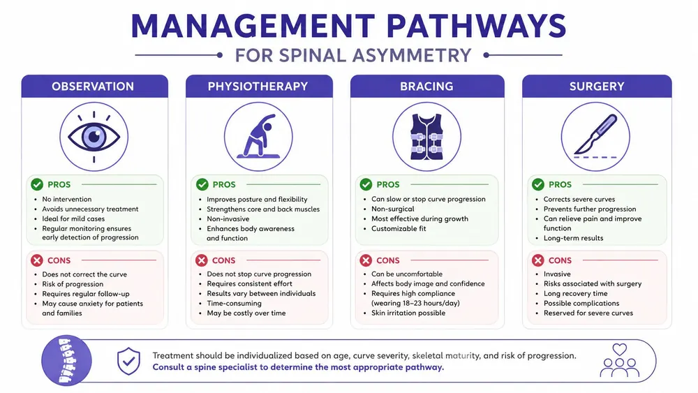 An infographic detailing four management pathways for spinal asymmetry: observation, physiotherapy, bracing, and surgery with pros and cons.