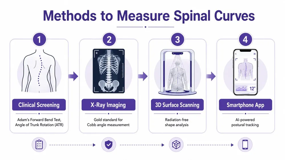 An infographic showing four different methods for measuring spinal curves, ranging from clinical screening to smartphone apps.