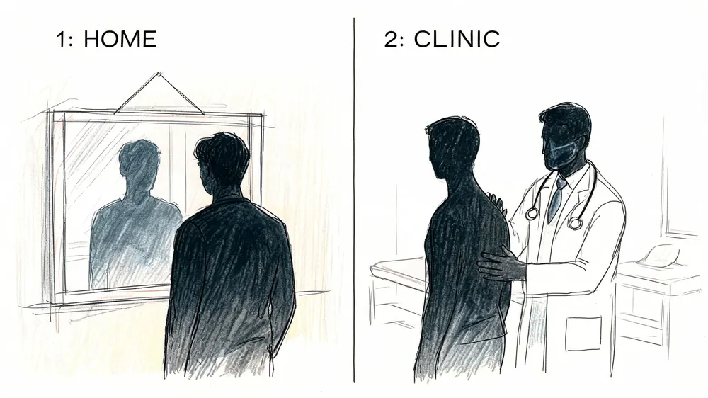 A split illustration comparing a person checking their posture in a home mirror and a clinical examination.