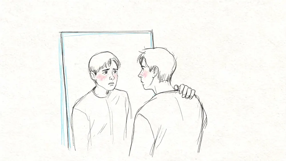 A digital pencil sketch of a young man with flushed cheeks looking at his reflection in a mirror.