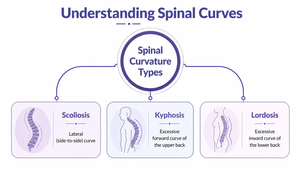 A diagram illustrating three types of abnormal spinal curvature: scoliosis, kyphosis, and lordosis, with simple definitions.