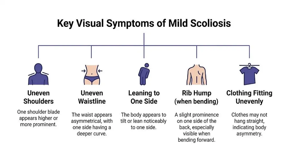 A visual guide illustrating key physical symptoms of mild scoliosis including uneven shoulders, waistline, and rib humps.