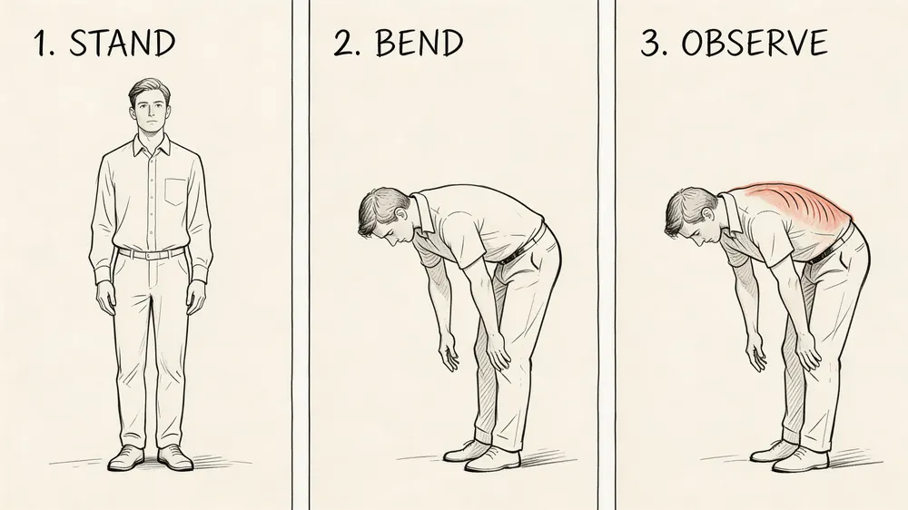 A three-step medical illustration showing a man performing a standing forward bend test to check for scoliosis.