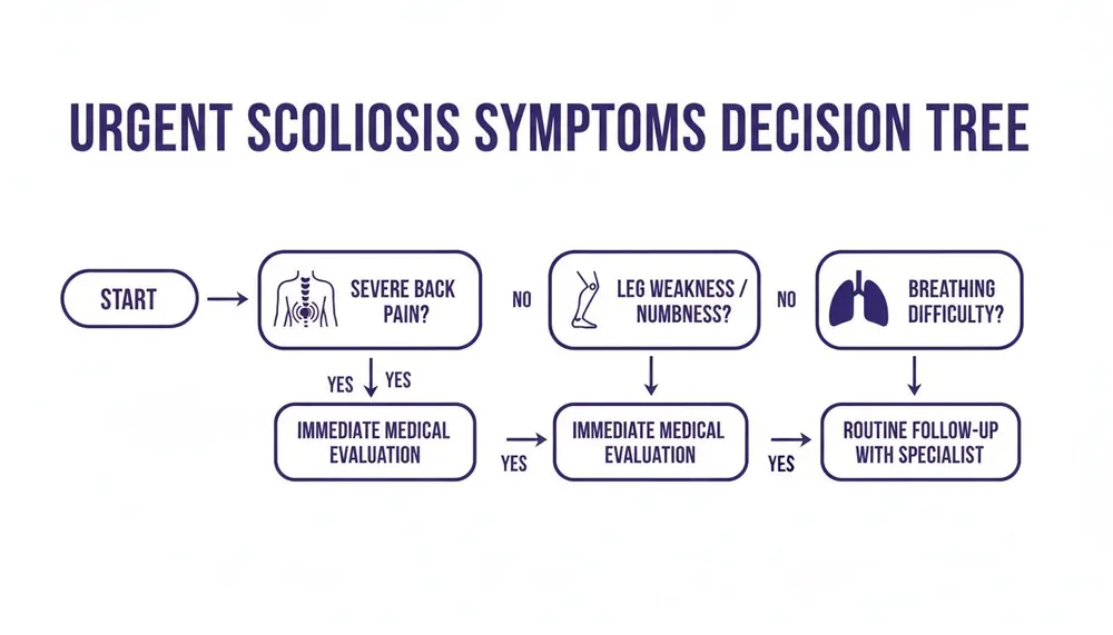 A decision tree flowchart outlining urgent scoliosis symptoms requiring immediate medical evaluation.