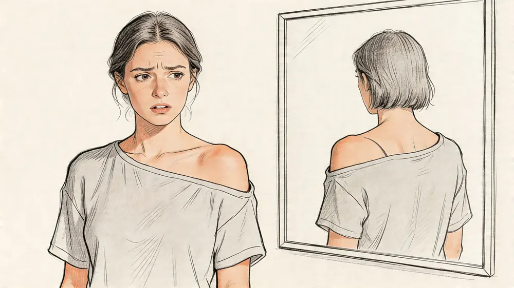 A sketched illustration of a woman looking concerned while observing her back posture in a mirror.