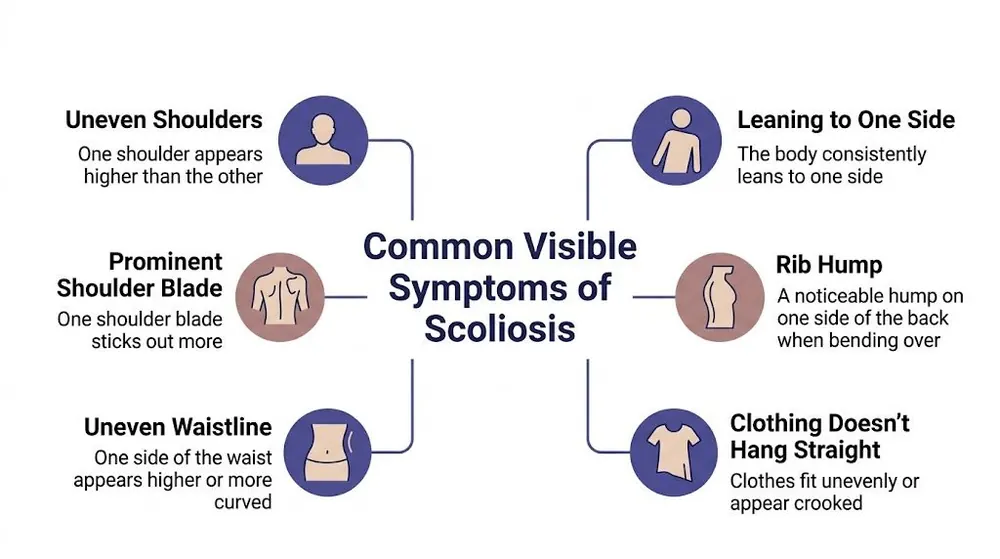An infographic detailing common visible physical symptoms of scoliosis, including uneven shoulders, hips, and rib cage prominence.